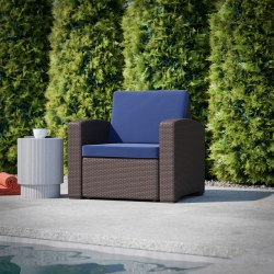 Flash Furniture Faux Rattan Chair with All-Weather Cushion, Navy/Chocolate Brown
