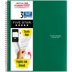 Five Star® Wirebound Notebook Plus Study App, 8-1/2" x 11", 3 Subject, College Ruled, 150 Sheets, Forest Green