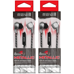 Maxell® Bass13 Metallic Earbuds With Mic & Volume Control, Silver, Pack Of 2 Pairs Of Earbuds