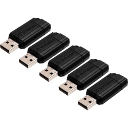 Verbatim PinStripe USB Drive - 16 GB - USB 2.0 - Black - Lifetime Warranty - 5 / Bundle