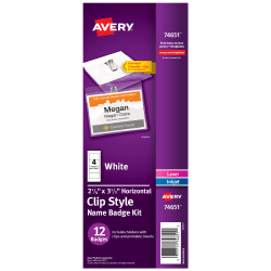 Avery® Customizable Clip Style Name Badges, 2-1/4" x 3-1/2", Clear Name Tag Holders With White Printable Inserts, Pack Of 12