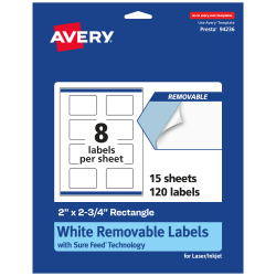 Avery® Removable Labels With Sure Feed®, 94236-RMP15, Rectangle, 2" x 2-3/4", White, Pack Of 120 Labels