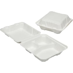 SKILCRAFT 3-Compartment Hinged Lid Tray - Microwave Safe - White - Wood Pulp Body - 200 / Carton - TAA Compliant