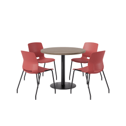 KFI Studios Midtown Pedestal Round Standard Height Table Set With Imme Armless Chairs, 31-3/4"H x 22"W x 19-3/4"D, Studio Teak Top/Black Base/Coral Chairs