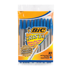 BIC Cristal Ball Pen, Medium Point, Translucent Barrel, Blue Ink, Pack Of 10