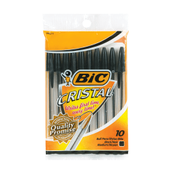 BIC Cristal Ball Pens, Medium Point, Translucent Barrel, Black Ink, Pack Of 10 Pens