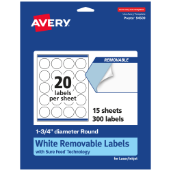 Avery® Removable Labels With Sure Feed®, 94509-RMP15, Round, 1-3/4" Diameter, White, Pack Of 300 Labels