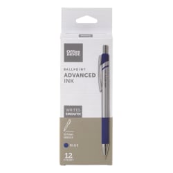 Office Depot® Brand Advanced Ink Retractable Ballpoint Pens, Needle Point, 0.7 mm, Silver Barrel, Blue Ink, Pack Of 12