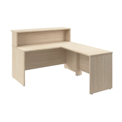 Bush Business Furniture Arrive 60"W L Shaped Reception Desk with Shelf, Natural Elm, Standard Delivery