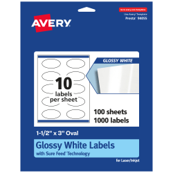 Avery® Glossy Permanent Labels With Sure Feed®, 94055-WGP100, Oval, 1-1/2" x 3", White, Pack Of 1,000