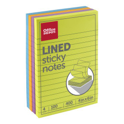 Office Depot® Brand Lined Sticky Notes, 4" x 6", Assorted Vivid Colors, 100 Sheets Per Pad, Pack Of 4 Pads