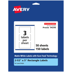 Avery® Permanent Labels With Sure Feed®, 94246-WMP50, Rectangle, 2-1/2" x 5", White, Pack Of 150