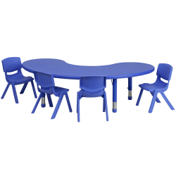 Flash Furniture Half-Moon Plastic Height-Adjustable Activity Table Set With 4 Chairs, 23-3/4"H x 35"W x 65"D, Blue