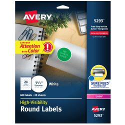 Avery® High Visibility Labels With Sure Feed® For Laser Printers, 5293, Round, 1-2/3", White, Pack Of 600