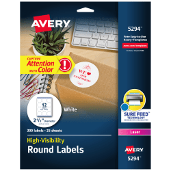 Avery® High Visibility Labels With Sure Feed® For Laser Printers, 5294, Round, 2-1/2" Diameter, White, Pack Of 300
