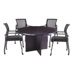 Boss Office Products 47" Round Table And Mesh Guest Chairs With Casters Set, Mocha/Black