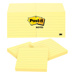 Post-it® Notes, 1200 Total Notes, Pack Of 12 Pads, 3" x 3", Canary Yellow, Lined, 100 Notes Per Pad