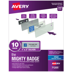 Avery® The Mighty Badge Magnetic Badges For Inkjet Printers, 1" x 3", Silver, Pack Of 10 Badges