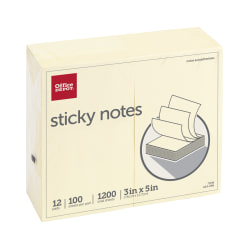 Office Depot® Brand Sticky Notes, 3" x 5", Yellow, 100 Sheets Per Pad, Pack Of 12 Pads