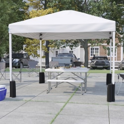 Flash Furniture 10'x10' Pop Up Event Canopy Tent with Wheeled Case and Folding Bench Set - Portable Tailgate, Camping, Event Set, White