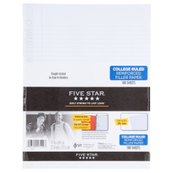 Five Star® Reinforced Filler Paper, 8 1/2" x 11", College Ruled, Pack Of 100 Sheets