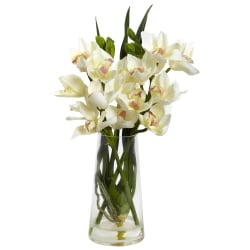 Nearly Natural Cymbidium Orchid 19"H  Plastic Floral Arrangement With Vase, 19"H x 10"W x 7"D, White/Green