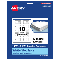 Avery® Print-To-The-Edge Slot Tags With Sure Feed® Technology, 1-1/2"x2-1/2" Rectangle Rounded, Matte White, Pack Of 100