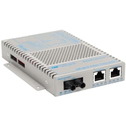 Omnitron OmniConverter 10/100/1000 PoE Gigabit Ethernet Fiber Media Converter Switch RJ45 ST Single-Mode 12km - 2 x 10/100/1000BASE-T; 1 x 1000BASE-LX; US AC Powered; Lifetime Warranty