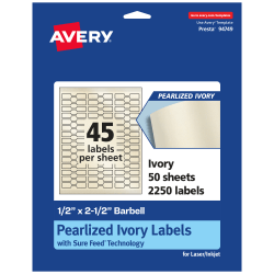 Avery® Pearlized Permanent Labels With Sure Feed®, 94749-PIP50, Barbell, 1/2" x 2-1/2", Ivory, Pack Of 2,250 Labels