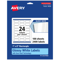 Avery® Glossy Permanent Labels With Sure Feed®, 94220-WGP100, Rectangle, 1" x 2", White, Pack Of 2,400