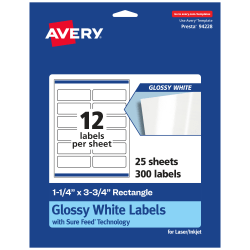 Avery® Glossy Permanent Labels With Sure Feed®, 94228-WGP25, Rectangle, 1-1/4" x 3-3/4", White, Pack Of 300
