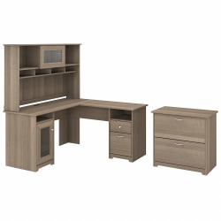 Bush Furniture Cabot 60"W L-Shaped Computer Desk With Hutch And Lateral File Cabinet, Ash Gray, Standard Delivery