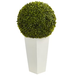 Nearly Natural Boxwood Topiary Ball 28"H Artificial Indoor/Outdoor Plant With Tower Planter, 28"H x 15"W x 15"W, Green/White