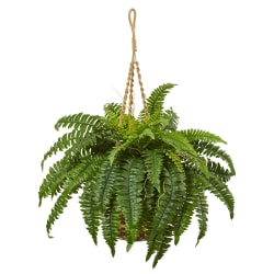 Nearly Natural 33"H Polyester Boston Fern With Hanging Basket, Green