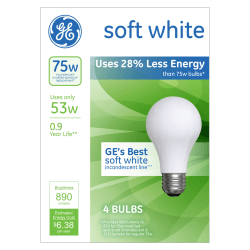 GE A19 Energy-Efficient Soft White Light Bulbs, 53 Watts, Pack Of 4
