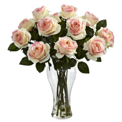 Nearly Natural Blooming Roses 18"H Artificial Floral Arrangement With Vase, 18"H x 13"W x 13"D, Pink