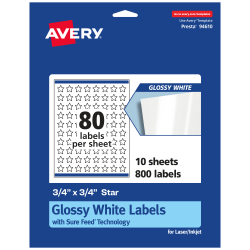 Avery® Glossy Permanent Labels With Sure Feed®, 94610-WGP10, Star, 3/4" x 3/4", White, Pack Of 800