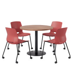 KFI Studios Proof Cafe Round Pedestal Table With Imme Caster Chairs, Includes 4 Chairs, 29"H x 36"W x 36"D, River Cherry Top/Black Base/Coral Chairs