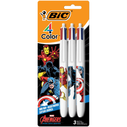 BIC® 4-Color Marvel's Avengers Edition Retractable Ball Pens, Pack Of 3 Pens, Medium Point, 1.0 mm, White Barrels, Assorted Ink Colors