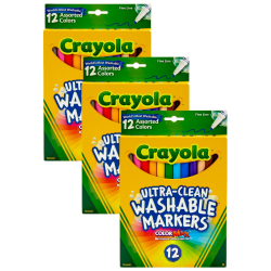 Crayola Ultra-Clean Markers, Pack Of 3 Boxes, Fine Line, Assorted Colors, 12 Markers Per Box