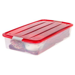 Iris Holiday Buckle-Up Storage Box, 32-1/2"L x 17-3/4"W x 6-1/2"H, Clear/Red