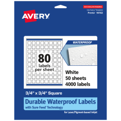 Avery® Waterproof Permanent Labels With Sure Feed®, 94102-WMF50, Square, 3/4" x 3/4", White, Pack Of 4,000