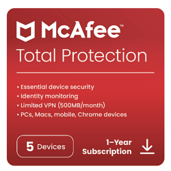 McAfee® Total Protection Antivirus & Internet Security Software, 5 Devices, 1-Year Subscription, Download