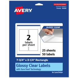 Avery® Glossy Permanent Labels With Sure Feed®, 94260-CGF25, Rectangle, 7-3/4" x 3-1/4", Clear, Pack Of 50