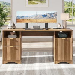 Bestier 60"W Fluted Executive Desk With Drawers/Cabinet, Brown Oak