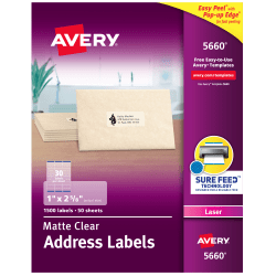 Avery® Matte Address Labels With Sure Feed® Technology, 5660, Rectangle, 1" x 2-5/8", Clear, Pack Of 1,500