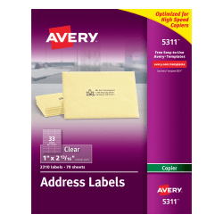 Avery® Permanent Address Labels For Copiers, 5311, Rectangle, 1" x 2-13/16", Clear, Pack Of 2,310