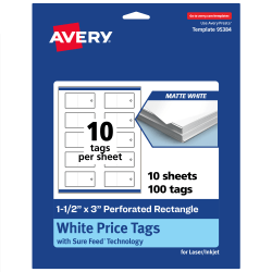 Avery® Print-To-The-Edge Price Tags With Sure Feed® Technology, 1-1/2"x3" Rectangle, Matte White, Pack Of 100, 95384MWT10