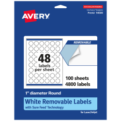 Avery® Removable Labels With Sure Feed®, 94500-RMP100, Round, 1" Diameter, White, Pack Of 4,800 Labels
