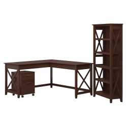 Bush Furniture Key West 60"W L-Shaped Desk With Mobile File Cabinet And 5-Shelf Bookcase, Bing Cherry, Standard Delivery